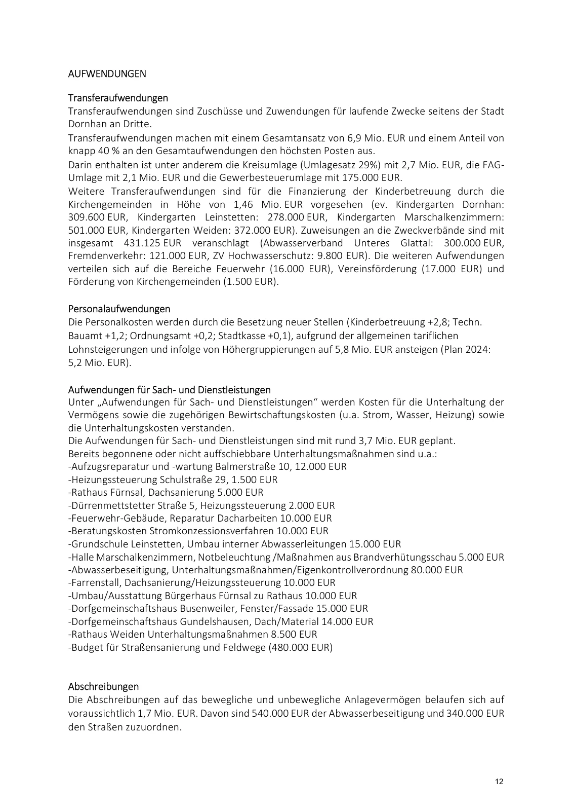 Stadt Dornhan, Haushaltsplan 2025, Seite 12.